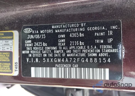 2015 Kia Optima Lx from USA, damaged, VIN 5XXGM4A72FG488154